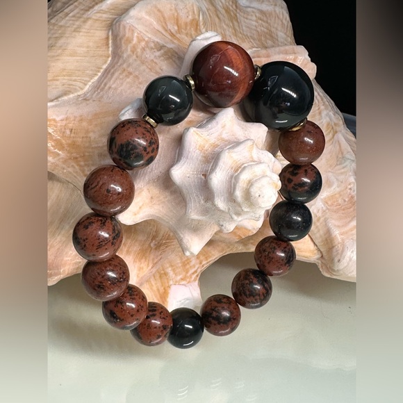 MAHOGANY OBSIDIAN + TIGERS NATURAL BRACELET Sz 7” - Picture 3 of 13